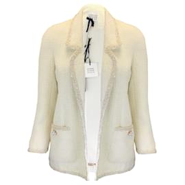Autre Marque-Edward Achour Ivory Pearl Embellished Boucle Tweed Jacket-Cream
