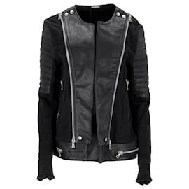 Balmain-Balmain Collarless Sweatshirt Biker Jacket in Black Leather and Cotton-Black