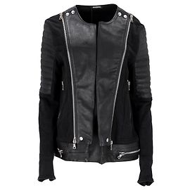 Veste Biker Sweatshirt Sans Col Balmain en Cuir Noir et Coton Noir