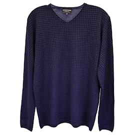 Emporio Armani-Emporio Armani Houndstooth V-Neck Sweater in Navy Blue Wool-Blue,Navy blue