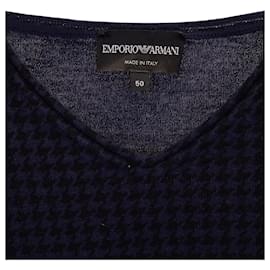 Emporio Armani-Emporio Armani Hahnentritt-Pullover mit V-Ausschnitt aus marineblauer Wolle-Blau,Marineblau