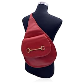 Gucci-Vintage Red Leather Horsebit Backpack Sling Shoulder Bag-Red