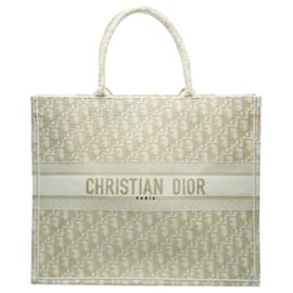 Dior-Christian Dior White Gold Oblique Embroidery Large Book Tote-Golden,Metallic