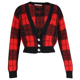 Alessandra Rich Cropped Tartan Cardigan aus roter Wolle Rot