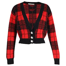 Alessandra Rich-Alessandra Rich Cropped Tartan Cardigan in Red Wool-Red