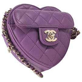 Chanel-Chanel Mini pele de cordeiro roxa CC em Love Heart Crossbody-Roxo