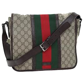 Gucci-GUCCI GG Supreme Web Sherry Line Shoulder Bag PVC Beige Red 145844 Auth 73376-Red,Beige