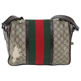 Gucci-GUCCI GG Supreme Web Sherry Line Shoulder Bag PVC Beige Red 145844 Auth 73376-Red,Beige