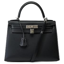 Hermès-HERMES Kelly 28 Bag in Black Leather - 101899-Black
