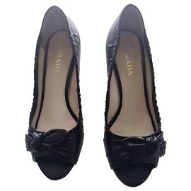 Prada Peep-toe Black Embossed Leather Pumps Black