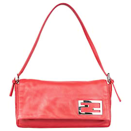 Fendi-Fendi Leather FF Buckle Baguette Shoulder Bag-Red