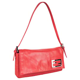 Fendi-Fendi Leather FF Buckle Baguette Shoulder Bag-Red