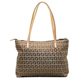 Fendi-Fendi Zucchino Canvas Leather Handbag Tote 8BH022 in Very Good Condition-Beige
