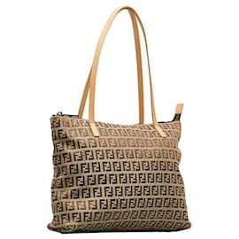 Fendi-Fendi Zucchino Canvas Leather Handbag Tote 8BH022 in Very Good Condition-Beige