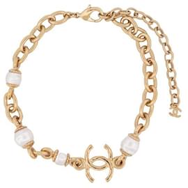 Chanel-NEW CHANEL CHOKER NECKLACE LOGO CC PEARLS 30-40 CM IN GOLD METAL NECKLACE-Golden
