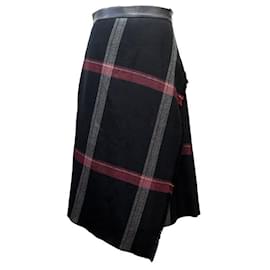 Hermès-HERMES TARTAN T 40 M SKIRT IN WOOL AND BLACK LEATHER WOOL AND LEATHER SKIRT-Black