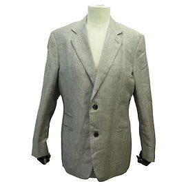 Hermès HERMES CHECKED SUIT JACKET G19821 L GRAY LINEN AND WOOL LINEN JACKET Grey