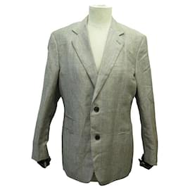 Hermès-HERMES CHECKED SUIT JACKET G19821 L GRAY LINEN AND WOOL LINEN JACKET-Grey