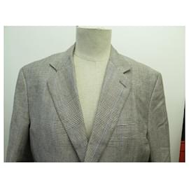 Hermès-CHAQUETA DE TRAJE A CUADROS HERMES G19821 L CHAQUETA DE LINO DE LINO Y LANA GRIS-Gris