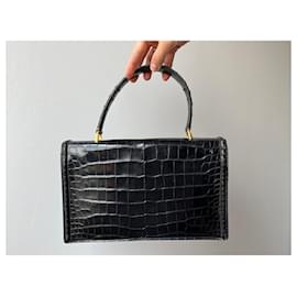 Hermès-HERMÈS - Black Crocodile Handbag-Black