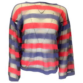 Giorgio Armani Pull en tricot transparent rayé rouge / bleu / noir Multicolore