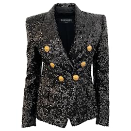 Autre Marque-Balmain Black Sequined Double Breasted Jacket with Gold Buttons-Black