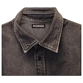 Balenciaga-Balenciaga Washed Denim Logo-Print Shirt in Black Cotton-Black
