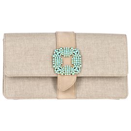 Manolo Blahnik Pochette Capri Ornée en Lin Beige Marron Beige