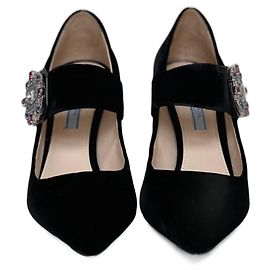 Escarpins Prada en velours avec bouton strass taille 39.5 Noir