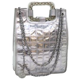 CHANEL Ice Cube Chain Shoulder Bag Vinyl 2way Silver CC Auth 71650 Silvery