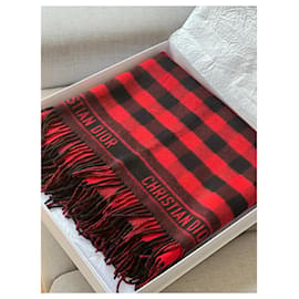 Christian Dior-Christian Dior plaid with red and black fringe-Black,Red