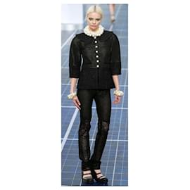 Chanel-Chanel 13P Runway Black Mesh Tweed Jacket and Skirt Suit FR 40-Black