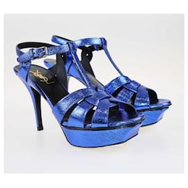 Saint Laurent-Saint Laurent Metallic Blue Foil Tribute Platform Ankle Strap Sandals-Blue