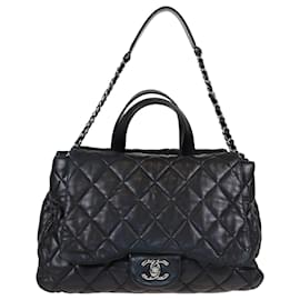 Chanel-Chanel Bolsa preta acolchoada com alça superior com 3 compartimentos-Preto