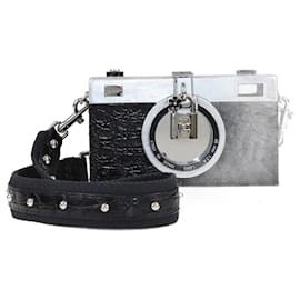 Dolce & Gabbana-Dolce & Gabbana Bolso de hombro con estuche para cámara con relieve de cocodrilo negro/plateado-Negro
