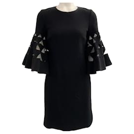 Autre Marque-Oscar de la Renta Black Wool Dress with Cut Out Bell Sleeves-Black
