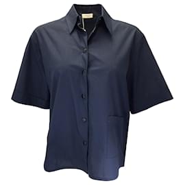 Autre Marque-Akris Punto Navy Blue Short Sleeved Button-down Cotton Blouse-Blue