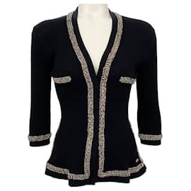 Autre Marque-Chanel Black Cotton Ribbed Cardigan with Gold Chain Trim-Black