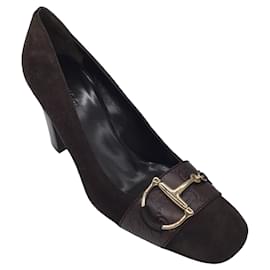 Autre Marque-Zapatos de tacón de ante con adornos de cuero y monograma GG con detalle de caballo marrón de Gucci-Castaño