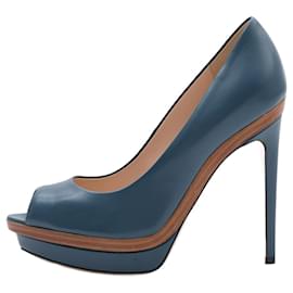 Fendi-Fendi Leder Pumps mit offener Spitze und Plateauabsatz in Pfauenfarbe, Größe 39EU-Blau