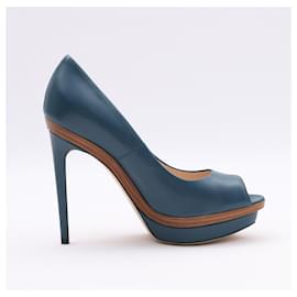 Fendi-Fendi Leder Pumps mit offener Spitze und Plateauabsatz in Pfauenfarbe, Größe 39EU-Blau