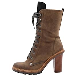 Prada-Prada Sport Brown Suede Block Heel Lace Up Mid Calf Boots Size 37.5-Brown
