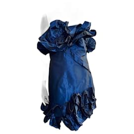 Marchesa-Abito corsetto senza spalline asimmetrico con volant-Blu