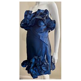 Marchesa-Robe corset asymétrique sans bretelles avec des volants-Bleu