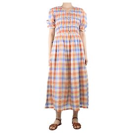 Rejina Pyo Robe midi à ruban à carreaux orange et bleu sur le devant - taille UK 8 Orange
