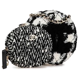Chanel-Runde Clutch aus weißem Lammfell-Tweed von Chanel mit Kette und Münzbörse-Andere