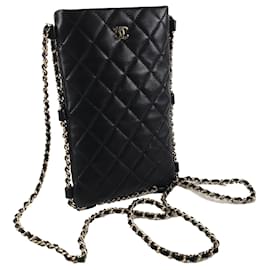 Chanel-Chanel Black Lambskin Chain Around Phone Holder Crossbody-Black