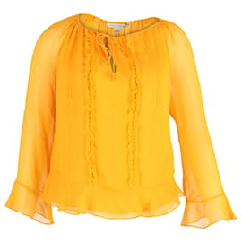 Diane Von Furstenberg-Diane Von Furstenberg Ruffled Sheer Sleeve Top in Yellow Silk-Yellow