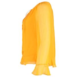 Diane Von Furstenberg-Diane Von Furstenberg Ruffled Sheer Sleeve Top in Yellow Silk-Yellow