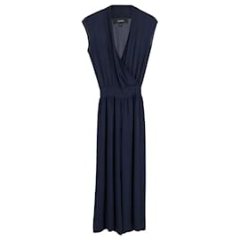 Theory-Theory V-Neck Jumpsuit in Navy Blue Silk-Blue